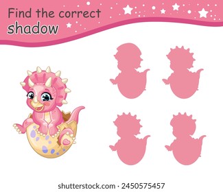 Find correct shadow. Cute cartoon pink baby triceratops dinosaur in egg. Kids educational matching game with cartoon character. Activity, logic game, learning card for children, vector illustration