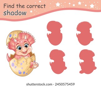 Find correct shadow. Cute cartoon pink baby triceratops dinosaur in egg. Kids educational matching game with cartoon character. Activity, logic game, learning card for children, vector illustration