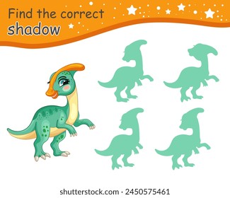 Find correct shadow. Cute cartoon parasaurolophus dinosaur. Educational matching game for children with cartoon character. Activity, logic game for kids, printable work page. Vector illustration
