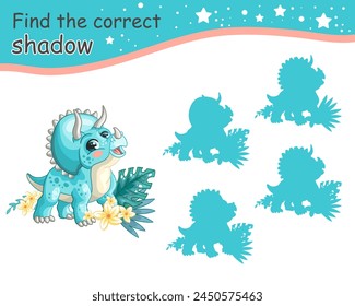 Find correct shadow. Cute cartoon turquoise triceratops dinosaur. Educational matching game for children with cartoon character. Activity, logic game, learning card for kids, vector illustration