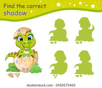 Find correct shadow. Cute cartoon baby Tyrannosaurus rex dinosaur. Educational matching game for children with cartoon character. Activity, logic game, learning card for kids, vector illustration