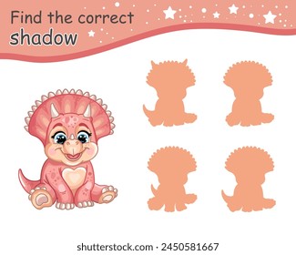 Find correct shadow. Cute cartoon pink baby triceratops dinosaur. Educational matching game for children with cartoon character. Activity, logic game, learning card for kids, vector illustration