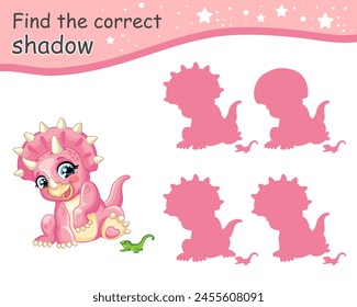 Find correct shadow. Cute cartoon pink triceratops dinosaur with lizard. Educational matching game for children with cartoon character. Activity, logic game, learning card for kids,vector illustration