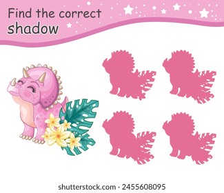 Encuentra la sombra correcta. Lindo dinosaurio triceratops de dibujos animados con flores. Juego educativo para niños con personaje de dibujos animados. Actividad, juego de lógica, tarjeta de aprendizaje para niños, Ilustración vectorial