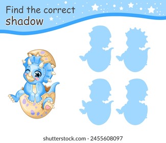 Find correct shadow. Cute cartoon blue triceratops baby dinosaur. Educational matching game for children with cartoon character. Activity, logic game, learning card for kids, vector illustration