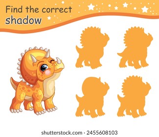 Encuentra la sombra correcta. Lindo dinosaurio de triceratops naranja de dibujos animados. Juego educativo para niños con personaje de dibujos animados. Actividad, juego de lógica, tarjeta de aprendizaje para niños, Ilustración vectorial