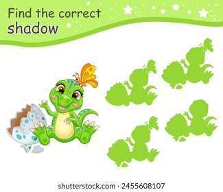 Find correct shadow. Cute cartoon baby Tyrannosaurus rex dinosaur. Educational matching game for children with cartoon character. Activity, logic game, learning card for kids, vector illustration