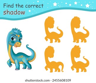 Find correct shadow. Cute cartoon diplodocus dinosaur. Educational matching game for children with cartoon character. Activity, logic game, learning card for kids, vector illustration