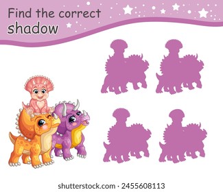 Find correct shadow. Cute cartoon triceratops dinosaurs family. Educational matching game for children with cartoon character. Activity, logic game, learning card for kids, vector illustration