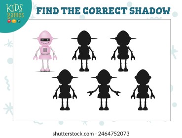 Encuentra la sombra correcta para el mini juego educacional de niños preescolares lindo robot de dibujos animados. Ilustración vectorial con 4 siluetas para juego de sombras quiz