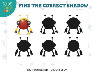 Find the correct shadow for cute cartoon robot educational preschool kids mini game. Vector illustration with 5 silhouettes for shadow matching quiz
