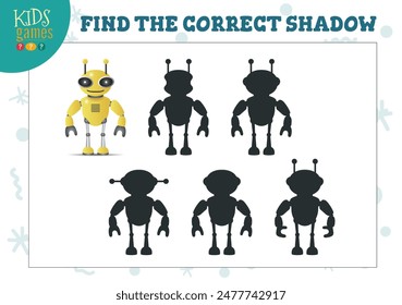 Find the correct shadow for cute cartoon robot educational preschool kids mini game. Vector illustration with 4 silhouettes for shadow matching quiz