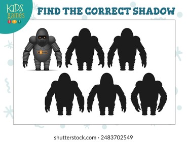 Find the correct shadow for cute cartoon humanoid robot educational preschool kids mini game. Vector illustration with 4 silhouettes for shadow matching puzzle