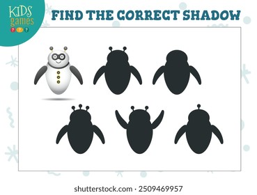 Find the correct shadow for cute cartoon robot educational preschool kids mini game. Vector illustration with 5 silhouettes for shadow matching quiz