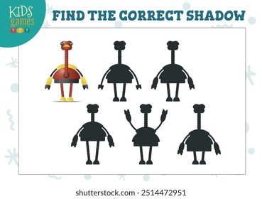 Encontre a sombra correta para bonito desenho animado robô educacional pré-escola crianças minijogo. Ilustração vetorial com 5 silhuetas para teste de correspondência de sombra