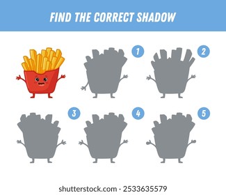 Find correct shadow of cute cartoon french fries with arms and legs. Fast food character.  Educational logical game for children. Vector 