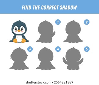 Find correct shadow of cute cartoon penguin. Educational logical game for kids. Funny animal. Vector
