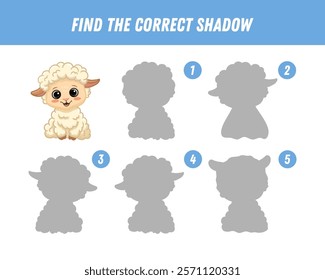 Find correct shadow of cute cartoon sheep. Educational logical game for kids. Funny animal. Vector illustration