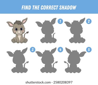 Find correct shadow of cute cartoon donkey. Educational logical game for kids. Funny animal. Vector illustration
