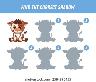 Find correct shadow of cute cartoon cow. Educational logical game for kids. Bull. Funny animal. Vector illustration
