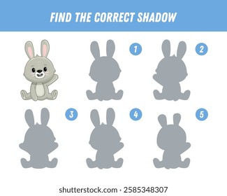 Find correct shadow of cute cartoon bunny. Educational logical game for kids. Funny rabbit.. Funny animal. Vector illustration
