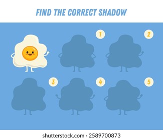 Find correct shadow of cute cartoon fried egg. Educational logical game for kids. Vector illustration