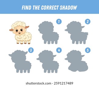 Find correct shadow of cute cartoon sheep. Educational logical game for kids. Funny animal. Vector illustration