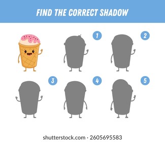 Find correct shadow of cute cartoon ice cream. Educational logical game for kids. Vector illustration
