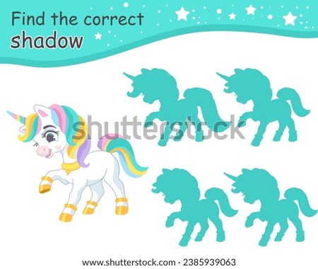 Find the correct shadow. Cute cartoon royal unicorn. Educational matching game for children with cartoon character. Activity, logic game, learning card with task for kids, vector illustration