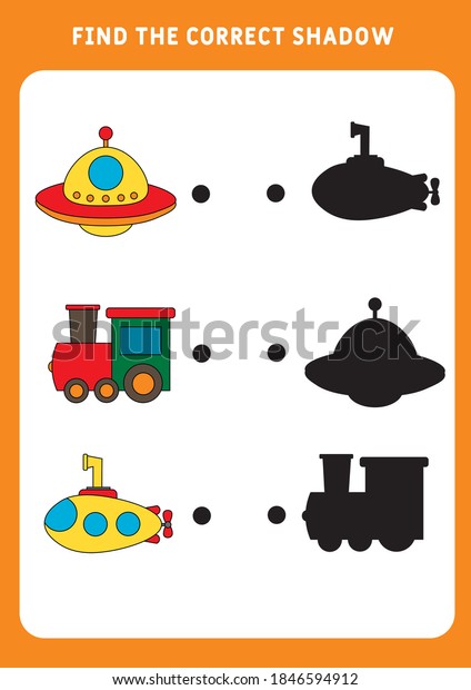 Find the\
correct shadow of cute cartoon transport. Set of transports -\
submarine, ufo, train . Educational matching game for kids.\
Worksheet for preschoolers. Vector\
illustration.