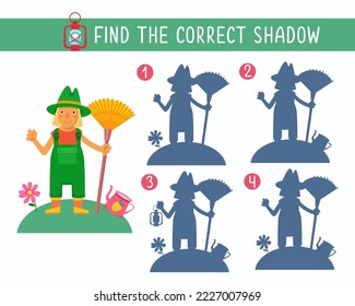 Find correct shadow. Cute cartoon-style gardener in hat with rake. Puzzle game for children. Activity, vector illustration.