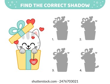 Find the correct shadow. Cute cat in gift box. Shadow matching game. Cartoon. Isolated vector illustration eps 10