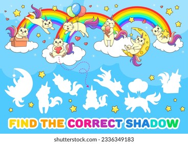 Find a correct shadow of cute caticorn cats and kittens, matching game worksheet. Vector puzzle quiz of cartoon unicorn cat characters playing with rainbow, balloons, box, ice cream on sky background svg