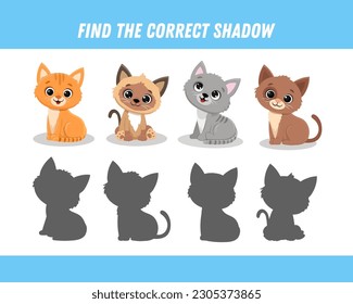 Find correct shadow of cute cats. Educational logical game for kids. Cartoon kitten. Vector illustration