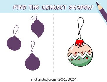 Find the correct shadow. Cute christmas tree ball . Educational game for kids. Collection of children's games. Vector illustration in cartoon style