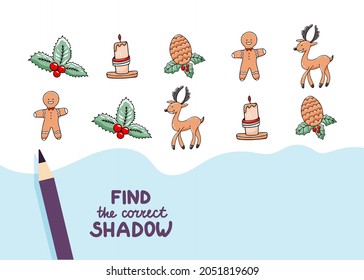 Find the correct shadow. Cute Christmas design elements. Educational game for kids. Collection of children's games. Vector illustration in cartoon style