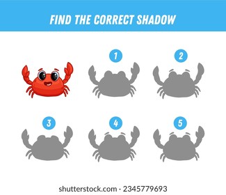 Find correct shadow of cute crab. Educational logical game for kids. Cartoon crab. Vector illustration