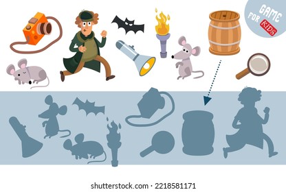 Find the correct shadow. Cute detective, mice, objects in cartoon style. Educational game for children. Activity, vector illustration.