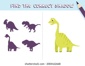 Find the correct shadow. Cute dinosaur. Educational game for kids. Collection of children's games. Vector illustration in cartoon style