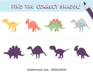 Find the correct shadow. Cute dinosaurs. Educational game for kids. Collection of children's games. Vector illustration in cartoon style