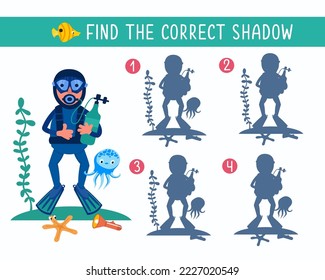 Find correct shadow. Cute diver with flippers and cartoon-style oxygen tank. Puzzle game for children. Activity, vector illustration.