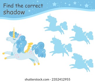 Find the correct shadow. Cute dreaming blue unicorn. Educational matching game for children with cartoon character. Activity, logic game, learning card with task for kids, vector illustration