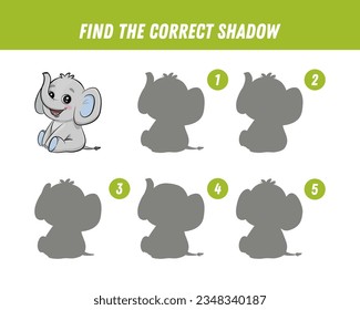 Find correct shadow of cute elephant. Educational logical game for kids. Cartoon elephant. Vector