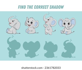 Find correct shadow of cute elephant. Educational logical game for kids. Cartoon elephant. Vector