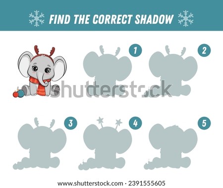 Find correct shadow of cute elephant. Educational logical game for kids. Christmas game. Cartoon elephant cub. Vector illustration

