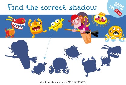 Find correct shadow. Cute fairy tale characters. Educational game for children. Activity, vector illustration.