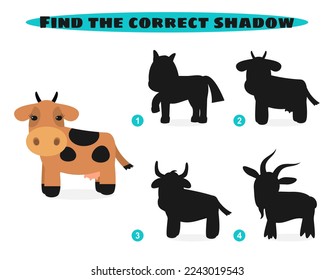 Buscar sombra correcta. Animales de granja. Juego de educación. 