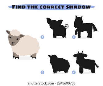 Buscar sombra correcta. Animales de granja. Juego de educación. 