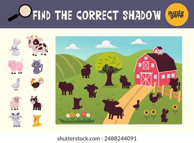 Encuentra la sombra correcta. Lindos personajes de animales de granja. Juego educativo para niños. Actividad, Ilustración vectorial.