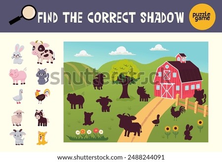 Find correct shadow. Cute farm animal characters. Educational game for children. Activity, vector illustration.